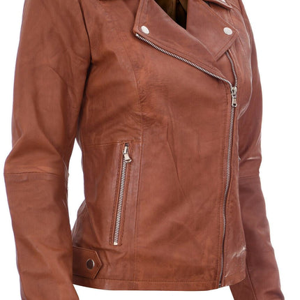 Womens Tan Leather Biker Jacket-Sacramento