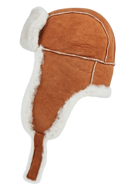 Mens Tan RAF Aviator Suede Sheepskin B-55 Trapper Hat Winter Warm Leather Navigator Hat