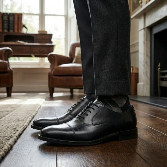 Men's Black Classic Cap-Toe Oxford Formal Lace-Up Brogue Shoes