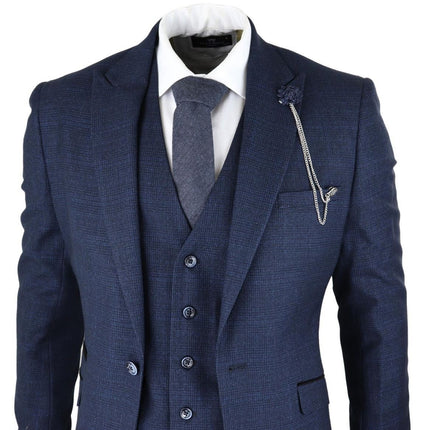 Mens 3 Piece Navy Blue Check Tweed Retro Classic Suit