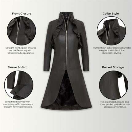 Womens Goth Black Leather High Collar Victorian Flare Tailcoat - Challa