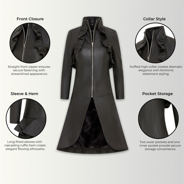 Womens Goth Black Leather High Collar Victorian Flare Tailcoat - Challa