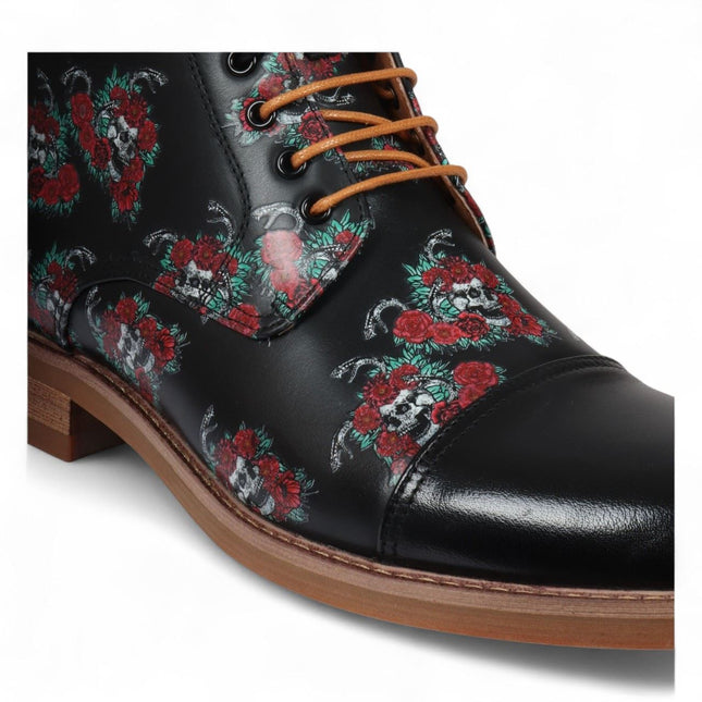 Justin Reess Men's Black Floral Skull Print Leather Oxford Ankle Boots - Adam Skull