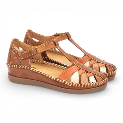 Pikolinos Women's Brown Leather Semi-Open Wedge Sandal Shoes - Cadaques