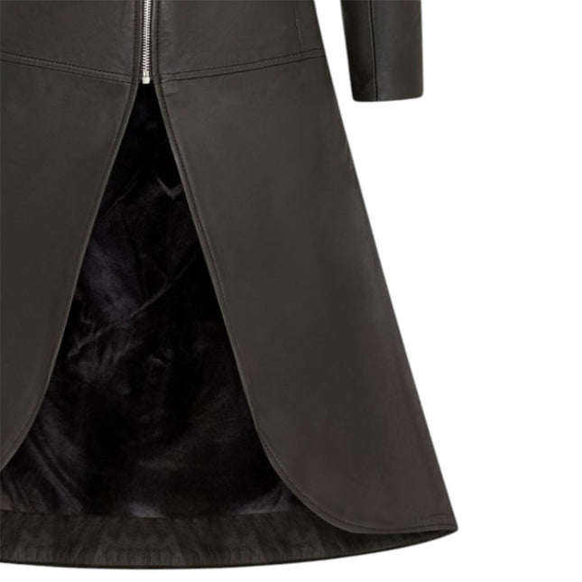 Womens Goth Black Leather High Collar Victorian Flare Tailcoat - Challa