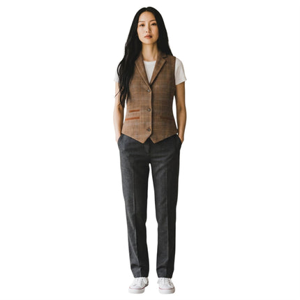 Women's Oak Brown Tailored Fit Tweed Waistcoat Formal Vest - TPSTZ-7
