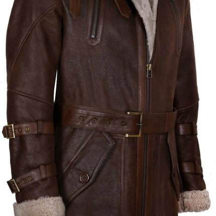 Mens 3/4 Warm Leather Sheepskin Trench Coat-Medina