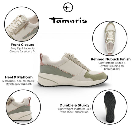 Tamaris Women’s White Green Platform Trainers Sneaker Zip Lace-Up Running Shoes