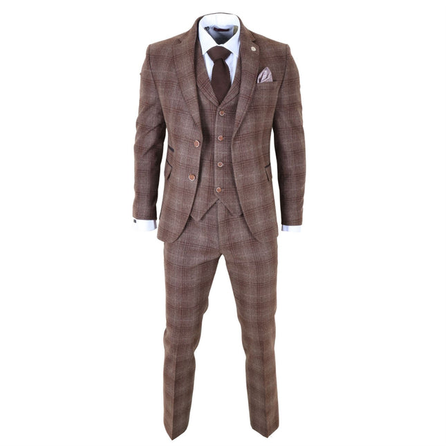 Men's Formal Brown Tweed  3 Piece Check Vintage Gatsby Style Suit