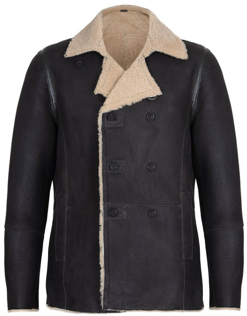 Mens Double Breasted Shearling Sheepskin Pea Coat-Valencia