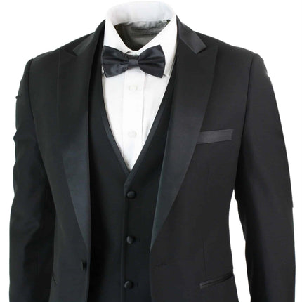 Mens 3 Piece Black Tuxedo Suit Classic Satin Dinner Tailored Fit Wedding Prom