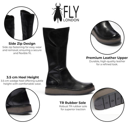 Fly London Womens Black Leather High Pull On Long Boots - RHEA042