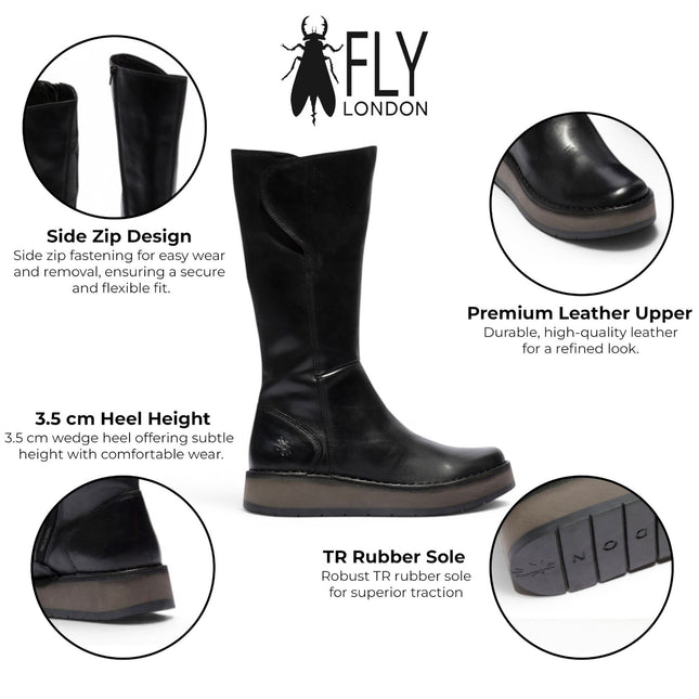 Fly London Womens Black Leather High Pull On Long Boots - RHEA042