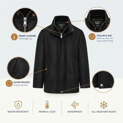 Mens Black Leather Funnel Neck Collar Coat Jacket - Thomas