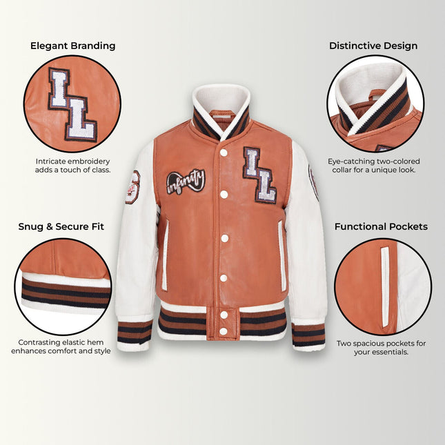 Kids Tan Letterman Leather Varsity College Bomber Jacket
