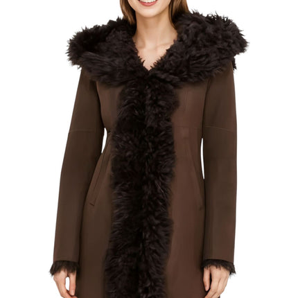 Womens Brown Toscana Sheepskin Leather Hooded Trench Coat - Coast