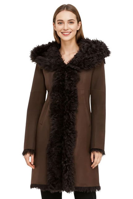 Womens Brown Toscana Sheepskin Leather Hooded Trench Coat - Coast