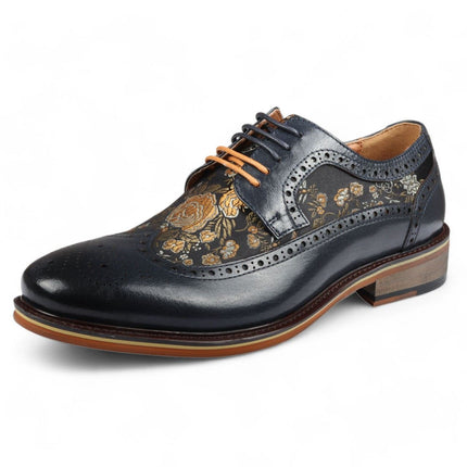 Justin Reess Men's Navy Blue Leather Floral Print Brogue Dress Shoes - Ross