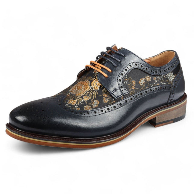 Justin Reess Men's Navy Blue Leather Floral Print Brogue Dress Shoes - Ross