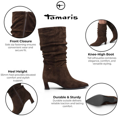 Tamaris Women's Mocca Brown Suede Mid-Calf Heeled Long Boots - 25308-47