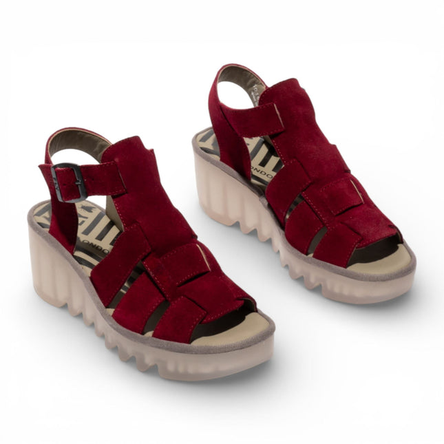 Fly London Women's BAIC621FLY Berry Red Suede Leather Wedge Sandals