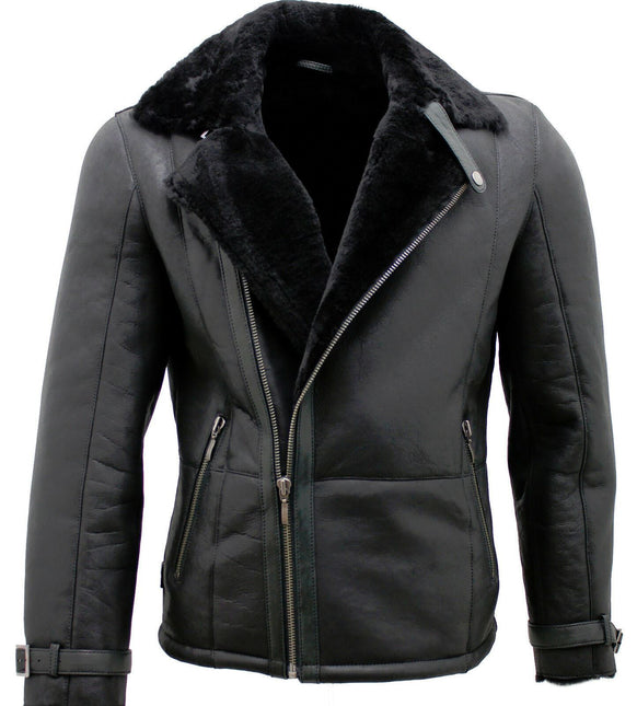 Mens Double Breasted Sheepskin Leather Biker Jacket-Manila