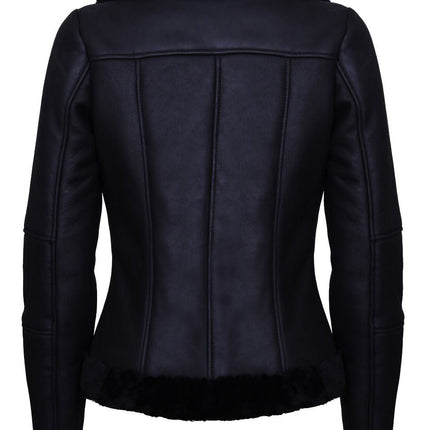 Womens Black Shearling Sheepskin Aviator Jacket-Kiev