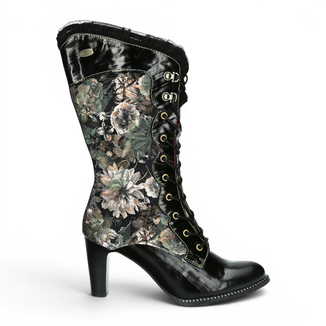 Laura Vita Floral Womens Goth Victorian Black Leather Heeled High Boots - Alcbane-351