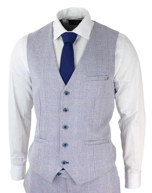 Mens 3 Piece Tweed Suit Light Blue Check Peaky Blinders 1920 Gatsby Wedding Suit
