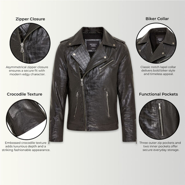 Mens Black Cow Leather Alligator Print Embossed Biker Jacket - Rot