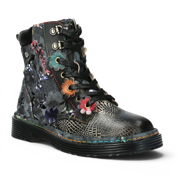 Laura Vita Women's Gothic Victorian Floral Black Leather Lace-Up Boots - Incaso-39