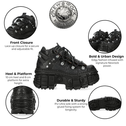 New Rock M-106Wall-C65 Python Black Leather Platform Ankle Boots
