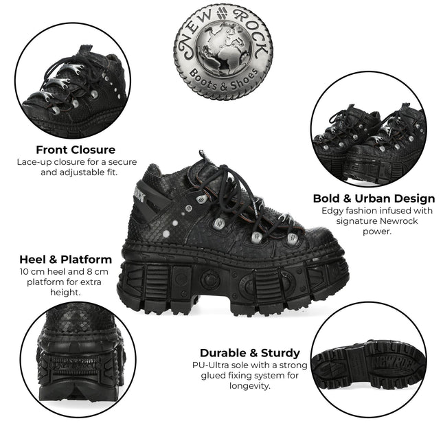 New Rock M-106Wall-C65 Python Black Leather Platform Ankle Boots