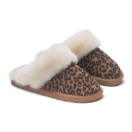 Women's Genuine Sheepskin Leopard Print Suede Mule Winter Slippers -Luna