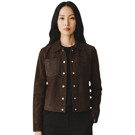Womens Brown Leather Shacket Collar Jacket - Lofar