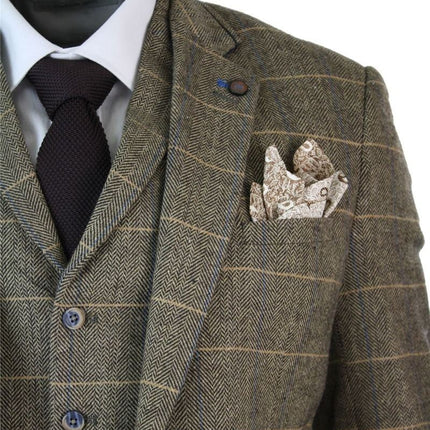 Mens 3 Piece Tan Brown Check Tweed Herringbone Vintage Classic Suit