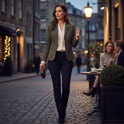 Women's Olive Tailored Check Tweed Blazer Formal Jacket - TPSTZ-7