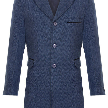 Mens 3/4 Long Navy Crombie Overcoat Jacket Herringbone Tweed Coat Peaky Blinder
