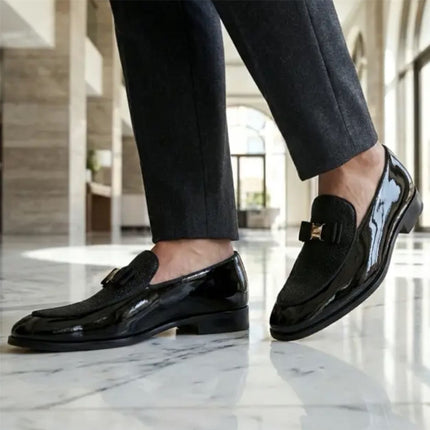 Mens Navy Blue Textured Front Iconic Buckle Bow Loafers Shoes