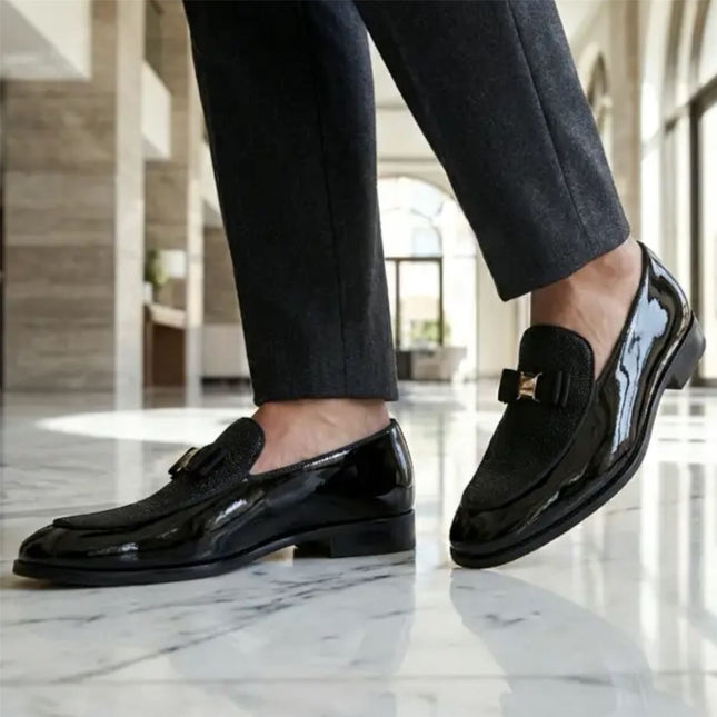 Mens Navy Blue Textured Front Iconic Buckle Bow Loafers Shoes