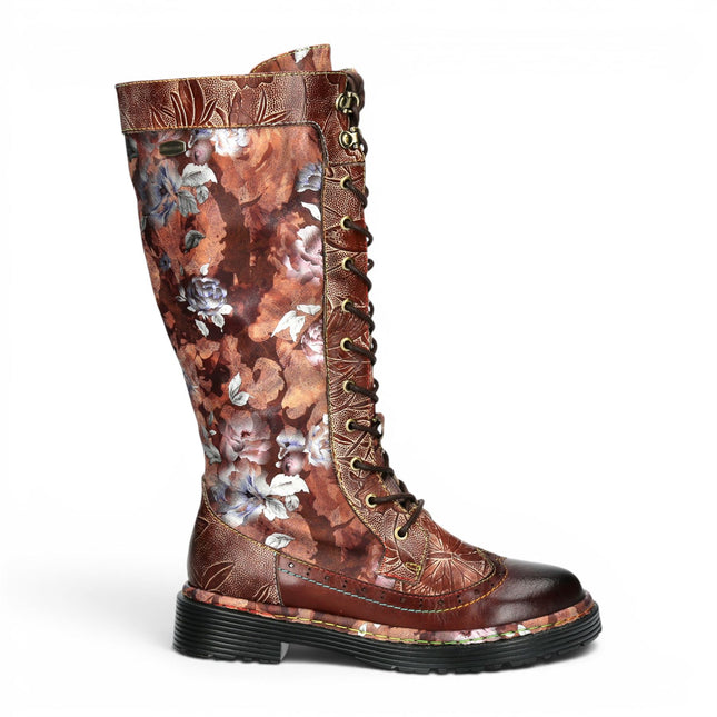 Laura Vita Women's Maroon Gothic Victorian Floral Maroon Leather Knee-High Lace-Up Boots - Incaso-50