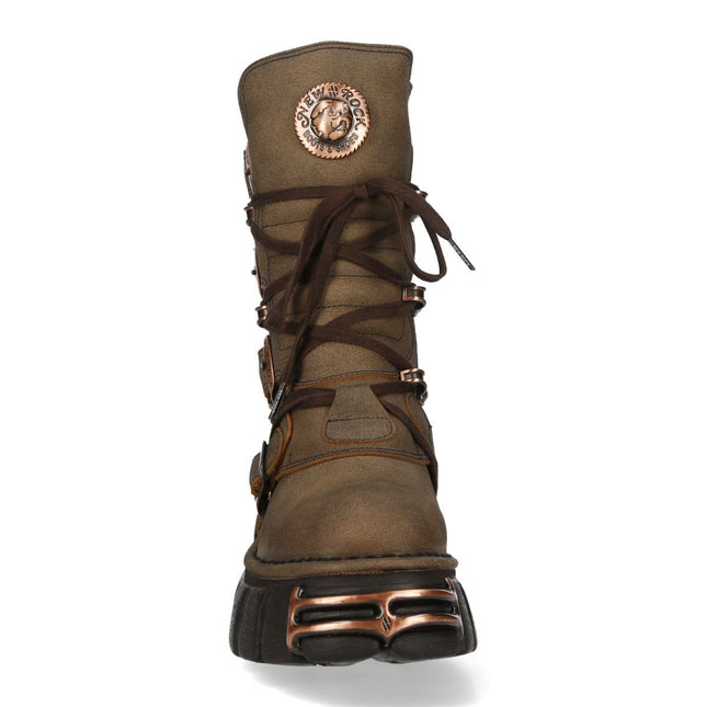 New Rock Brown Leather Gothic Mid-Calf Biker Boots - M-373XL-C120