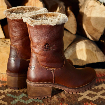Panama Jack Women's Bark Brown Leather Waterproof Warm Heeled Boots - Piola B8