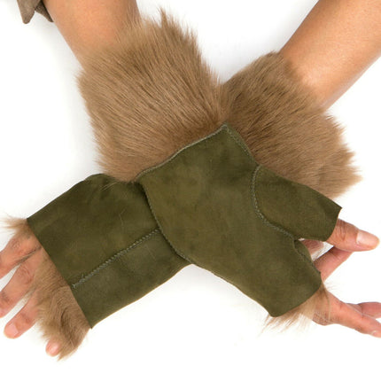 Womens Shearling  Mittens Fingerless Cuffs Toscana Suede Sheepskin Fur