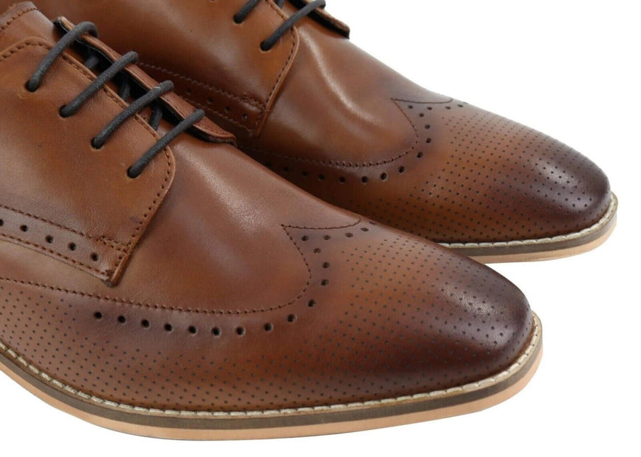 Mens Classic Oxford Brogue Shoes In Perforated Tan Leather