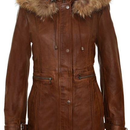 Womens Warm Leather Hooded Parka Jacket-Northwich
