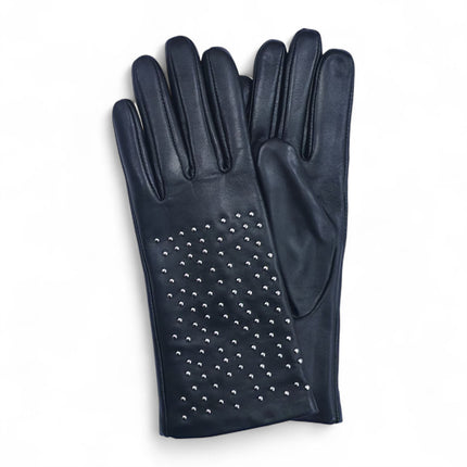 Womens Black Italian Leather Winter Studded Design Soft Wool Lining Gloves - L-GLV-601