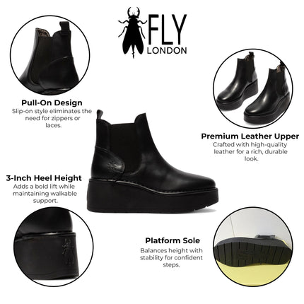 Fly London Womens Black Hely268 Chelsea Leather Ankle Pull-On Platform Comfort Boots