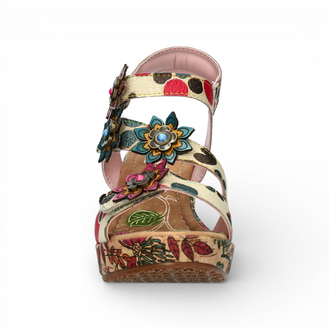 Laura Vita Women's Nellao 33 Beige Floral Leather Wedge Heel Espadrille Sandals