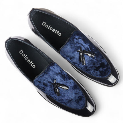 Men's Navy Velvet Tassel Loafers Formal Patent Dress Shoes